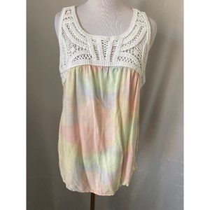 Maurices Pastel / Cream Crochet Neckline Pleated Textured Sleeveless Tank Top